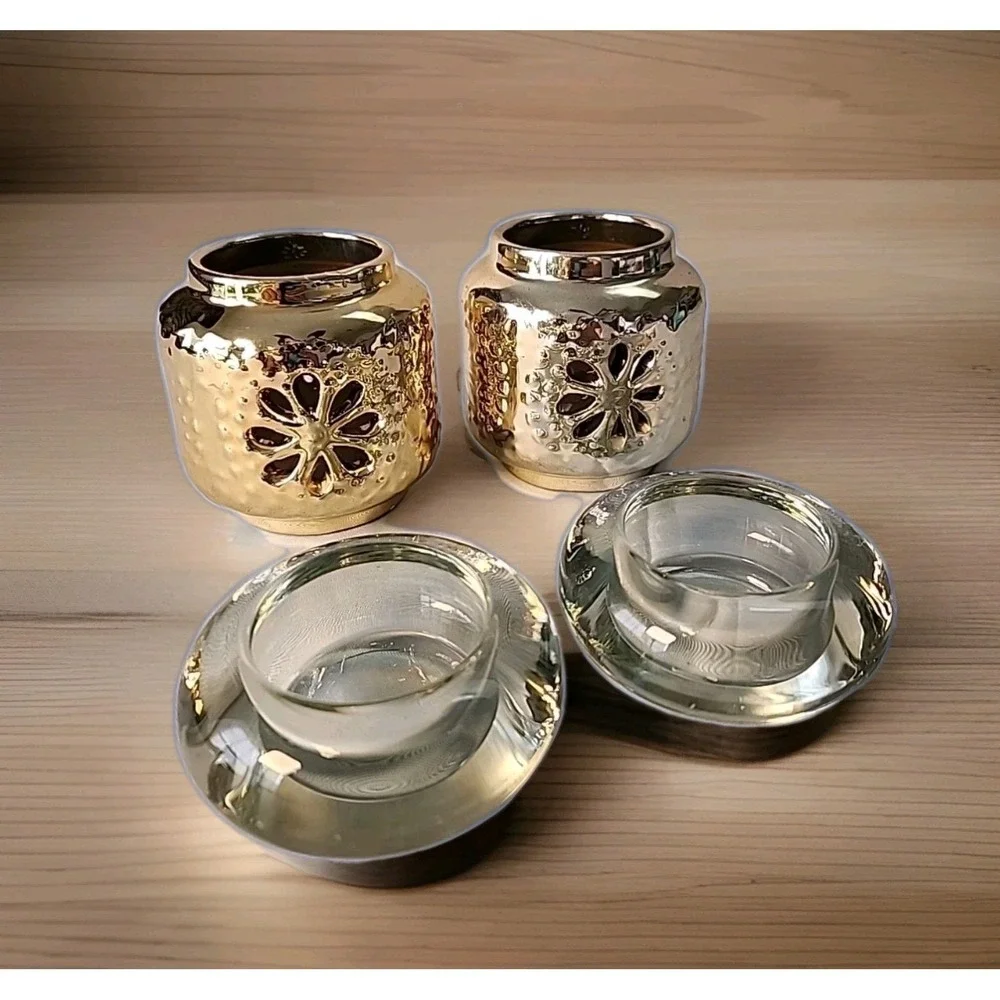 Lot 4 Votive/Tea Light Holders Hammered Gold Cut Out 2pc & Heavy Round Glass 2pc